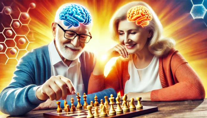 An elderly man and woman engaged in a brain-training activity, such as solving a puzzle or playing chess, with expressions of focus and enjoyment. The warm, bright background symbolizes cognitive vitality and mental sharpness in aging.