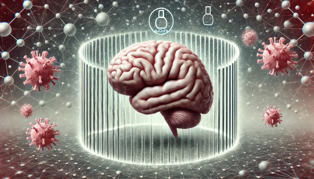 An artistic representation of a healthy brain surrounded by protective barriers, with a subtle overlay of alcohol molecules attempting to penetrate. The image symbolizes strategies to prevent memory loss when drinking and highlights the importance of cognitive protection.