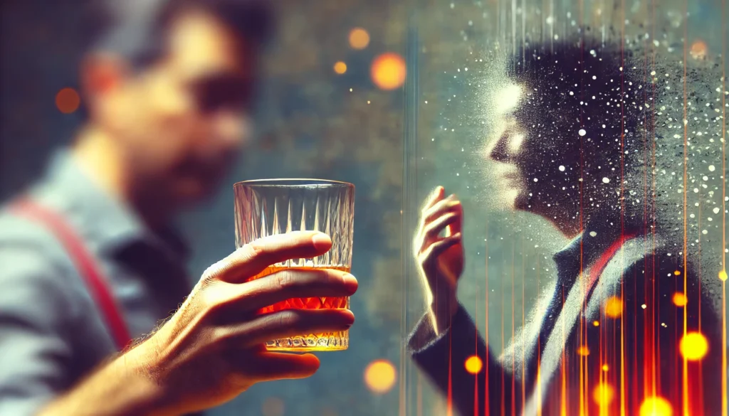A conceptual depiction of a person holding a drink while their reflection in the mirror appears blurred and distorted, illustrating the effects of alcohol on memory, perception, and brain function.