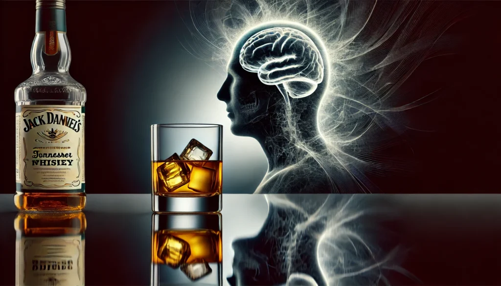 A visually striking composition featuring a glass of whiskey on a reflective surface, with a ghostly, fading silhouette of a human head in the background. The image metaphorically represents the impact of alcohol on memory and cognitive function.