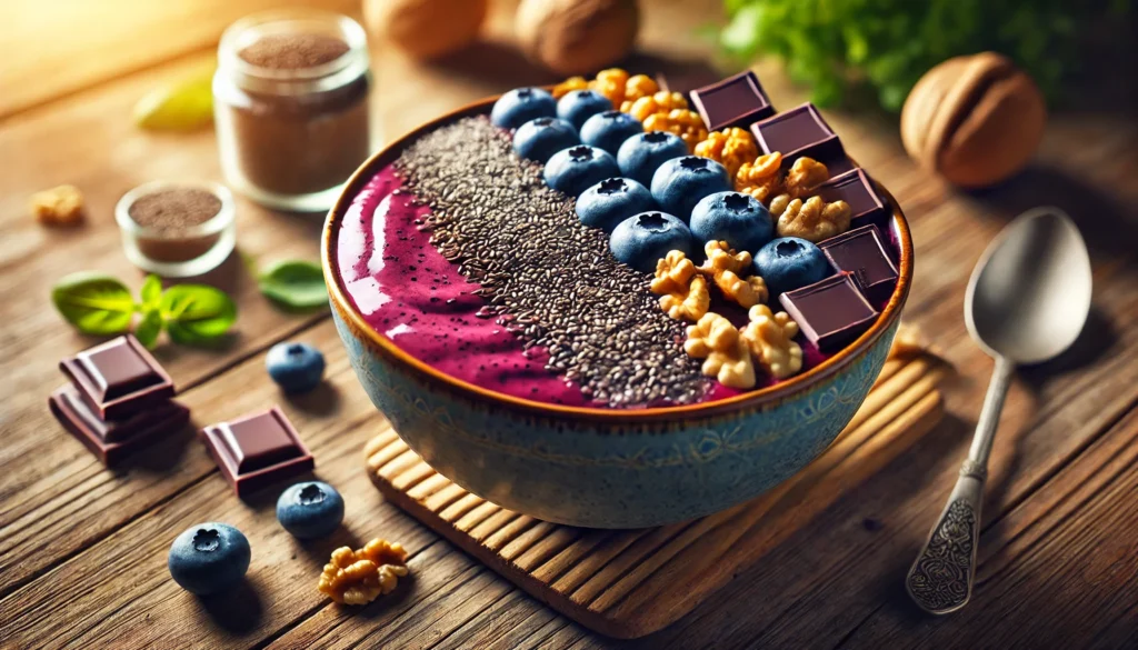A vibrant smoothie bowl: A high-resolution image of a smoothie bowl filled with blueberries, chia seeds, walnuts, and dark chocolate shavings, arranged artfully on a wooden table.