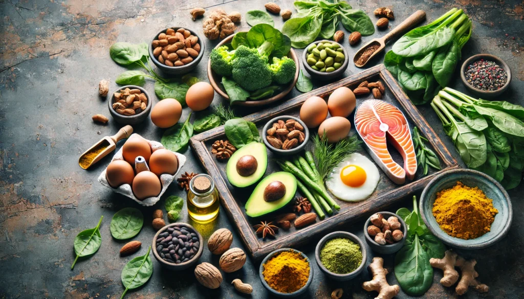 A spread of brain-boosting superfoods: A beautifully arranged display of avocado, nuts, salmon, eggs, leafy greens, and turmeric on a rustic table with soft, natural lighting.