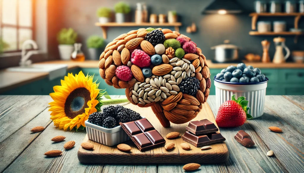 Brain food snacks on a cutting board: A visually rich composition featuring almonds, dark chocolate, sunflower seeds, and fresh berries with a blurred kitchen background.