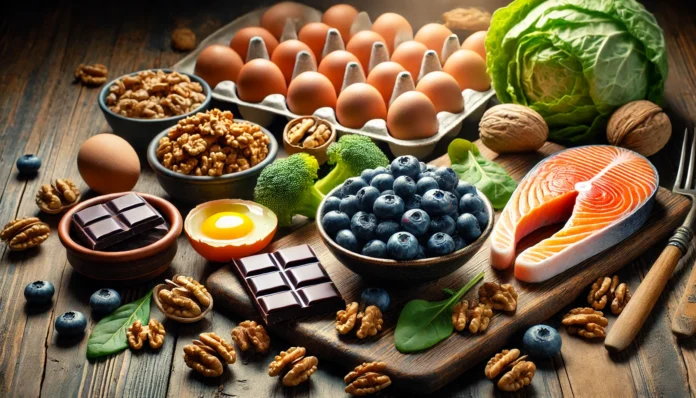 A variety of brain-boosting foods: A high-quality image showcasing blueberries, walnuts, salmon, dark chocolate, leafy greens, and eggs on a wooden table with warm, natural lighting.