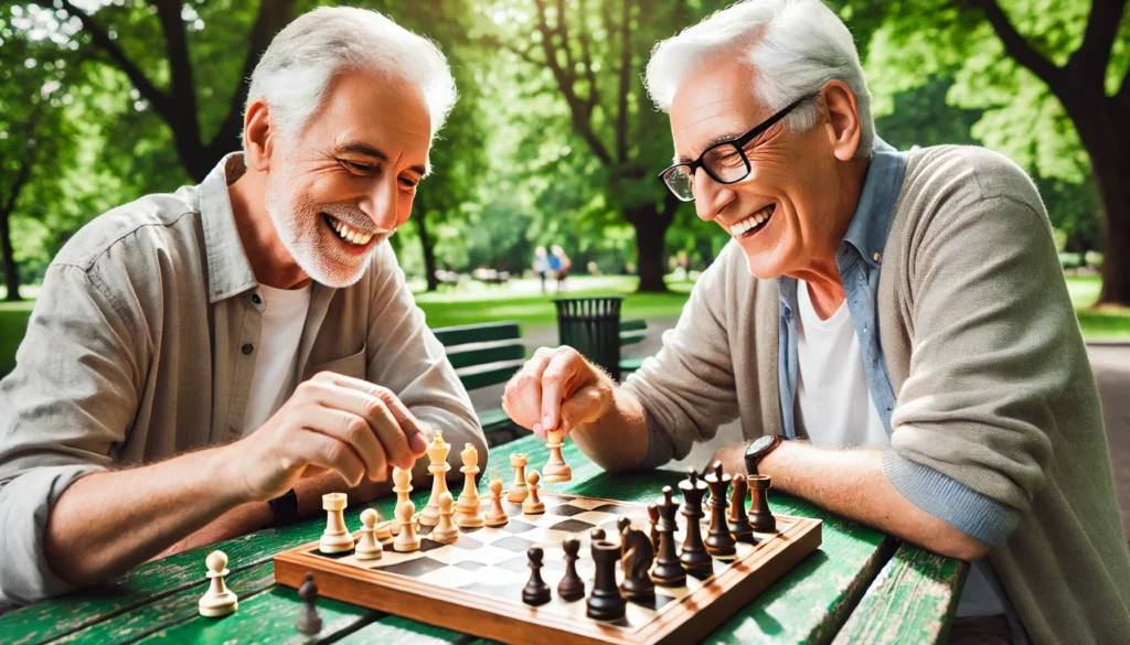 Two elderly men playing chess in a park, deeply engaged in strategic thinking. Their expressions show concentration and camaraderie, with a lush green outdoor setting, trees, benches, and sunlight filtering through the leaves for a mentally refreshing atmosphere.