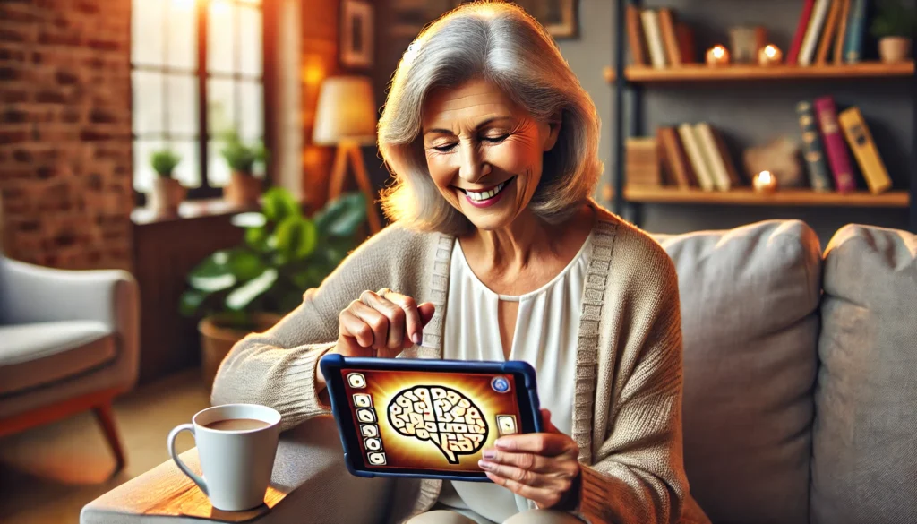 An elderly woman using a tablet to play a brain-training game, showing a joyful and focused expression. She sits comfortably in a cozy living room, with a cup of tea on the table and a warm, stimulating environment featuring bookshelves and soft lighting.
