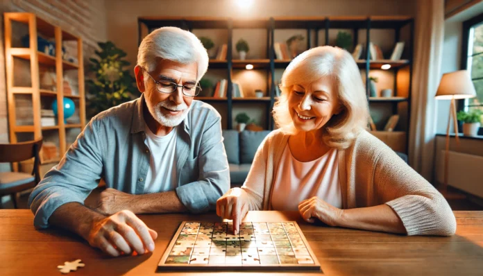 An elderly man and woman sitting at a wooden table, engaged in a memory-enhancing puzzle. They appear focused and happy, surrounded by a warm, well-lit room with bookshelves and plants, creating an inviting atmosphere for brain exercises.