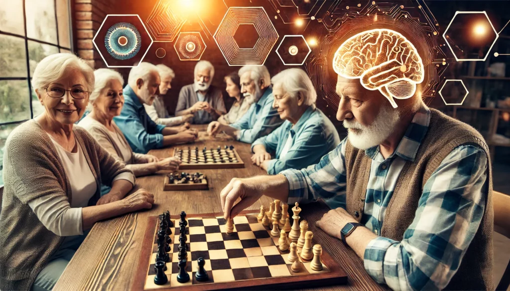 Group Engaged in Brain Training Activities: A diverse group of elderly individuals participating in cognitive games like chess and puzzles, highlighting social interaction and mental agility for overall brain health.