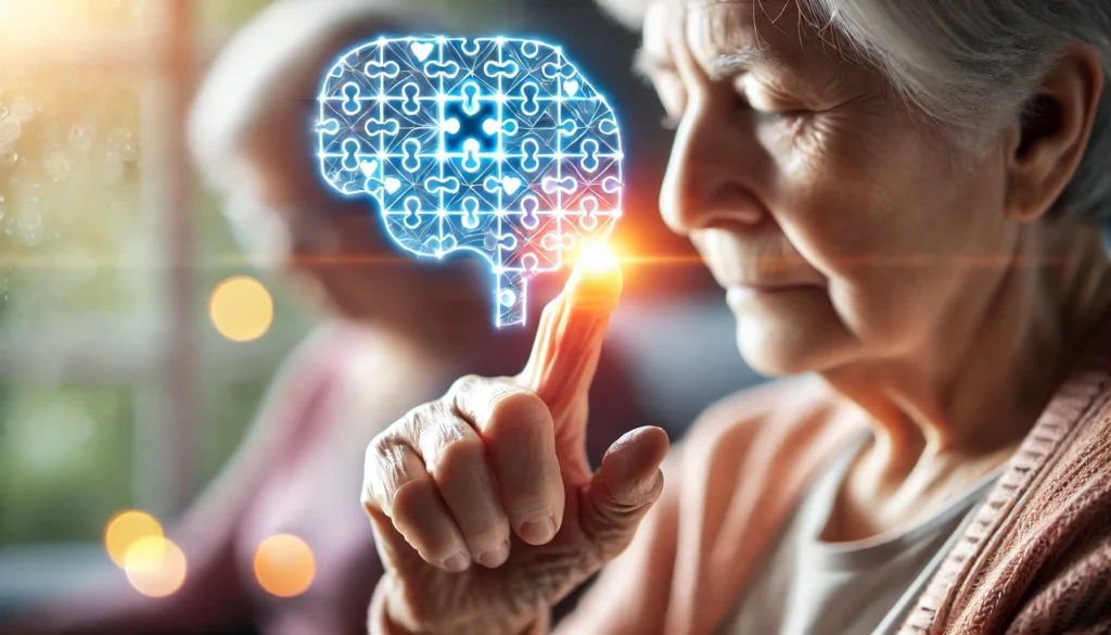 Elderly Person Engaged in Cognitive Exercise: An elderly individual focusing on a puzzle or memory game, with a glowing effect around their head symbolizing enhanced brain function and mental stimulation.