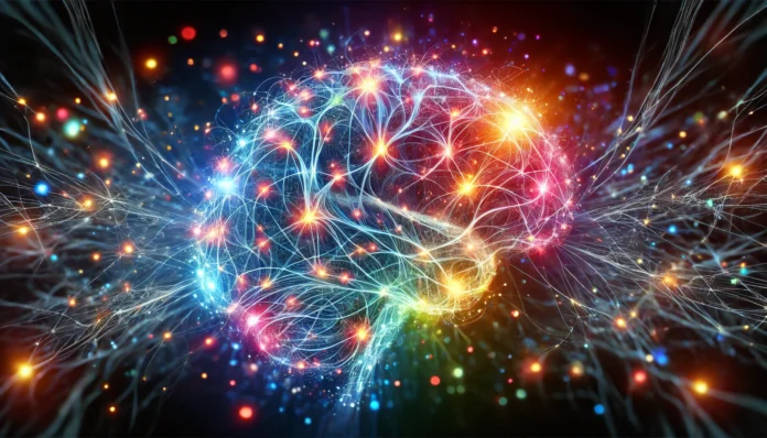 Abstract Neural Connections and Brain Activity: A conceptual image depicting an abstract representation of neural connections in the human brain, glowing with vibrant colors to symbolize cognitive activity and brain training.