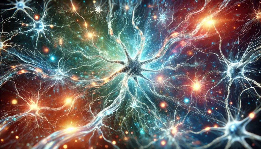 Futuristic Neurogenesis Visualization – A stunning, futuristic depiction of neurons and synapses glowing with electric energy, expanding in a cosmic space, representing the scientific and natural processes of brain cell regeneration.