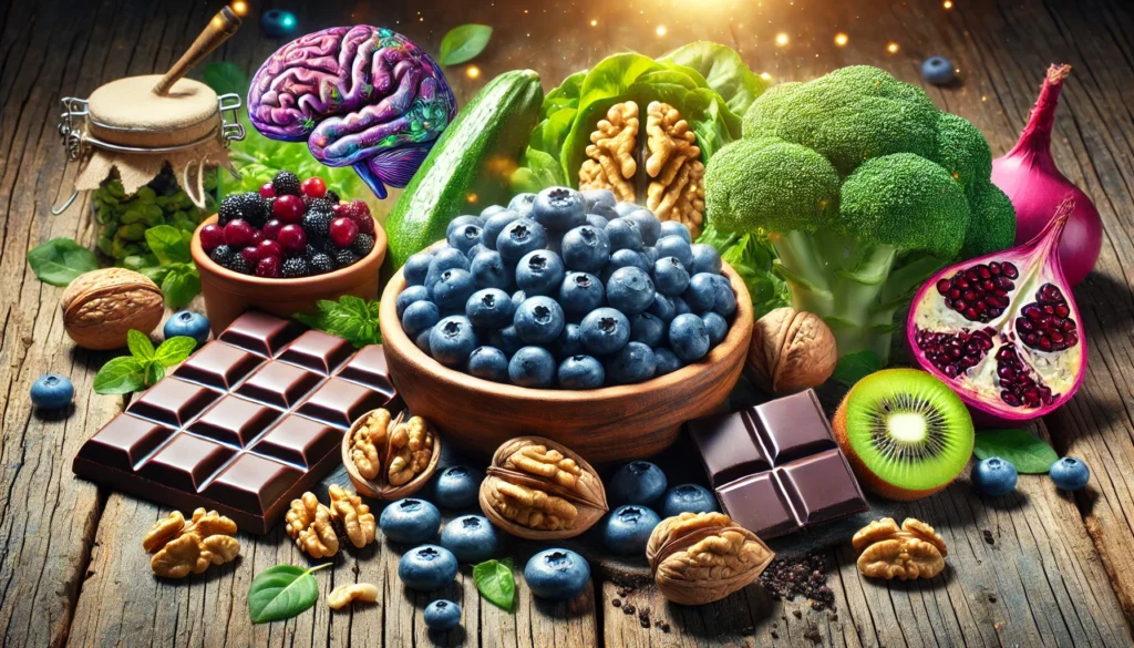 Brain-Boosting Superfoods – A vibrant, high-resolution image of a colorful variety of brain-boosting foods such as blueberries, walnuts, dark chocolate, and leafy greens, arranged on a rustic wooden table.