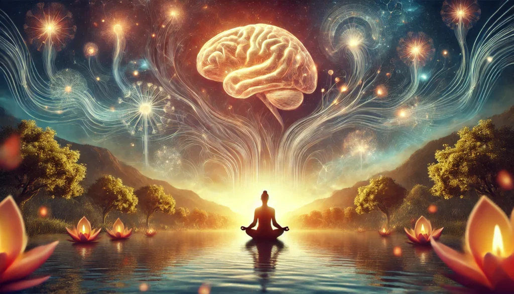 Meditation for Brain Health – A visually captivating scene of a person meditating in a serene natural setting, surrounded by a glowing aura representing brain cell regeneration and mindfulness.
