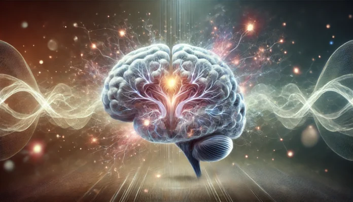 Abstract Brain Cell Regeneration – A high-quality, artistic representation of a human brain with glowing neural connections, surrounded by an ethereal glow and energy waves, symbolizing natural cognitive enhancement.