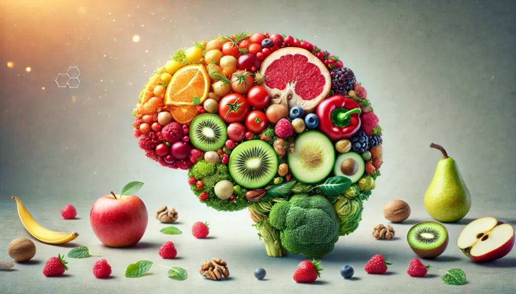 A scientifically inspired image of a human brain made of interconnected glowing neurons, symbolizing cognitive function and the impact of nutrition on brain health. The vibrant colors and intricate neuron patterns represent the role of diet in enhancing neural connections and focus.