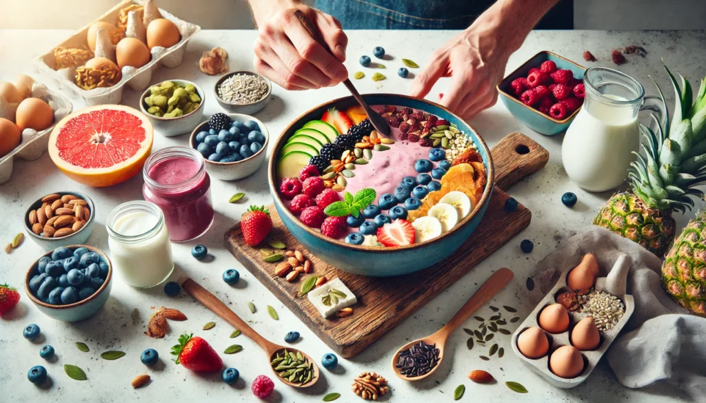 A visually engaging image of a person preparing a healthy meal rich in brain-boosting nutrients, featuring fresh vegetables, salmon, and avocado. The scene emphasizes the connection between diet and optimal brain function, highlighting foods that help you focus and improve mental clarity.