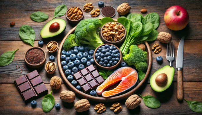 A high-quality, visually appealing image of a variety of nutrient-dense foods, including leafy greens, berries, nuts, fatty fish, and whole grains, arranged on a wooden table. These brain-boosting foods are known to enhance focus, memory, and cognitive performance.