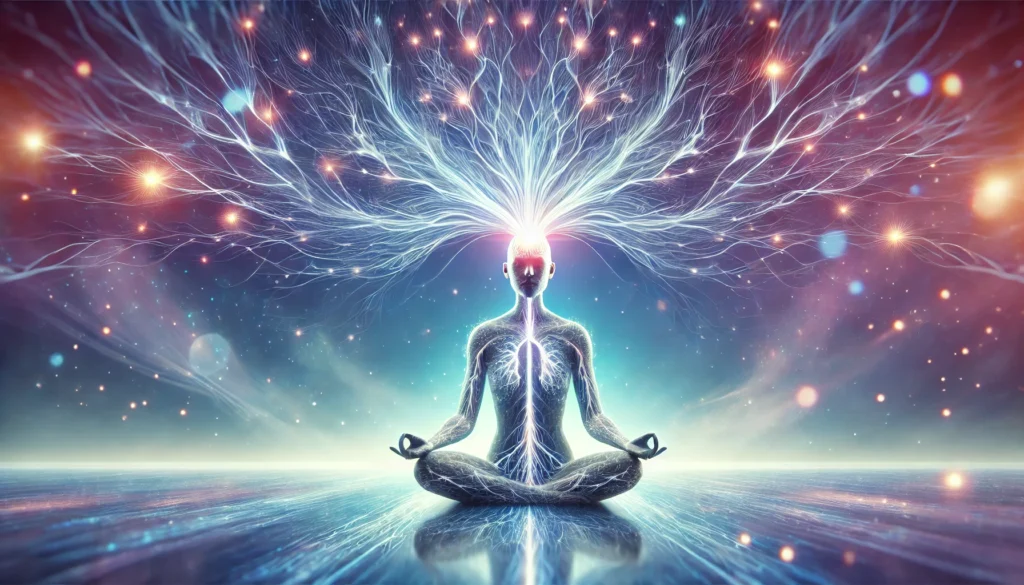 A futuristic depiction of a person meditating with glowing neural pathways radiating from their head, symbolizing the connection between mindfulness, memory improvement, and cognitive function. The tranquil, ethereal background blends calming blues and purples, reinforcing a sense of mental balance and focus.