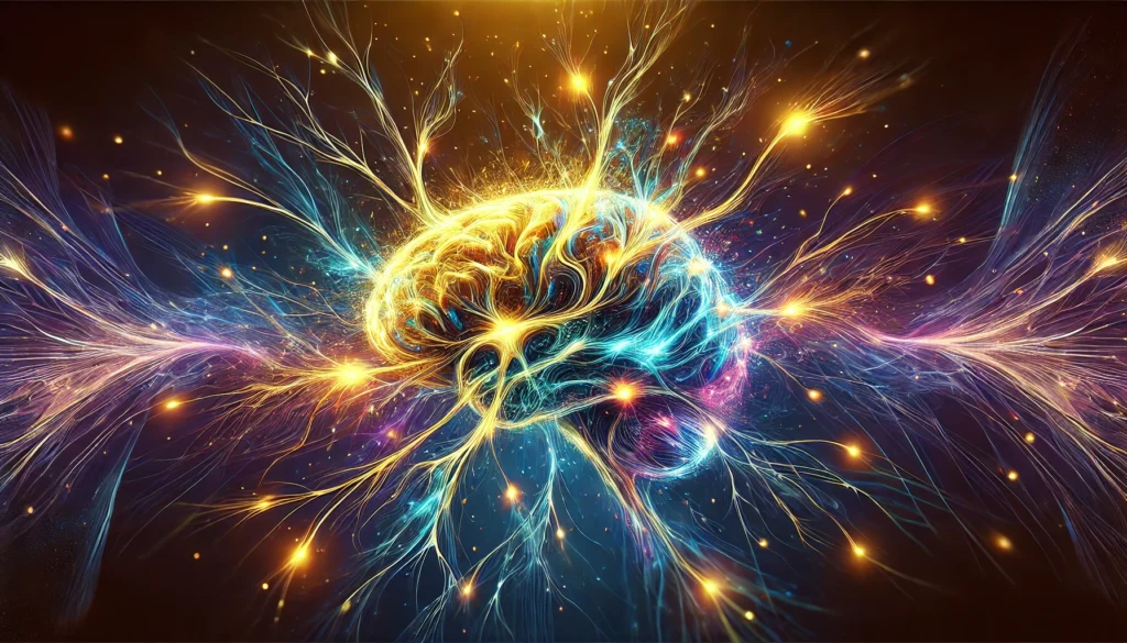 A dynamic visualization of neurons forming strong connections in the brain, glowing with energy to represent memory enhancement and cognitive improvement. Electric blue, gold, and deep purple tones evoke a sense of mental clarity and brain vitality.