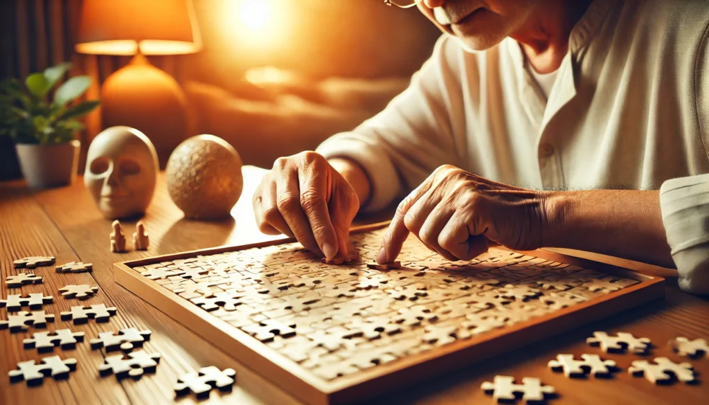 An elderly person deeply engaged in a brain-boosting activity, such as solving a puzzle or playing a strategy game, representing improved short-term memory and cognitive function. The scene has warm, inviting lighting that enhances the sense of focus and mental engagement.