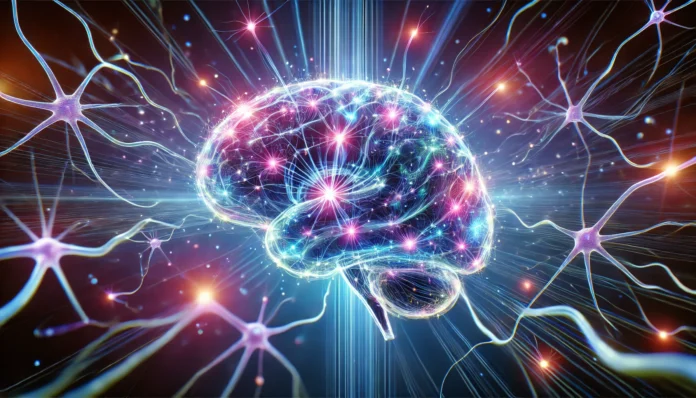 A glowing human brain with interconnected neurons and synapses, symbolizing enhanced memory and cognitive function. The vibrant electric blue and purple hues highlight active neural pathways, creating a futuristic and scientific aesthetic.