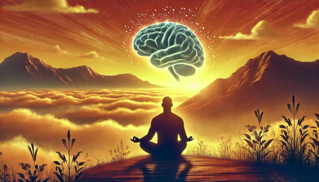Mindfulness and Stress Reduction - An artistic depiction of a person meditating at sunrise, highlighting the significance of stress management in reducing dementia risk.