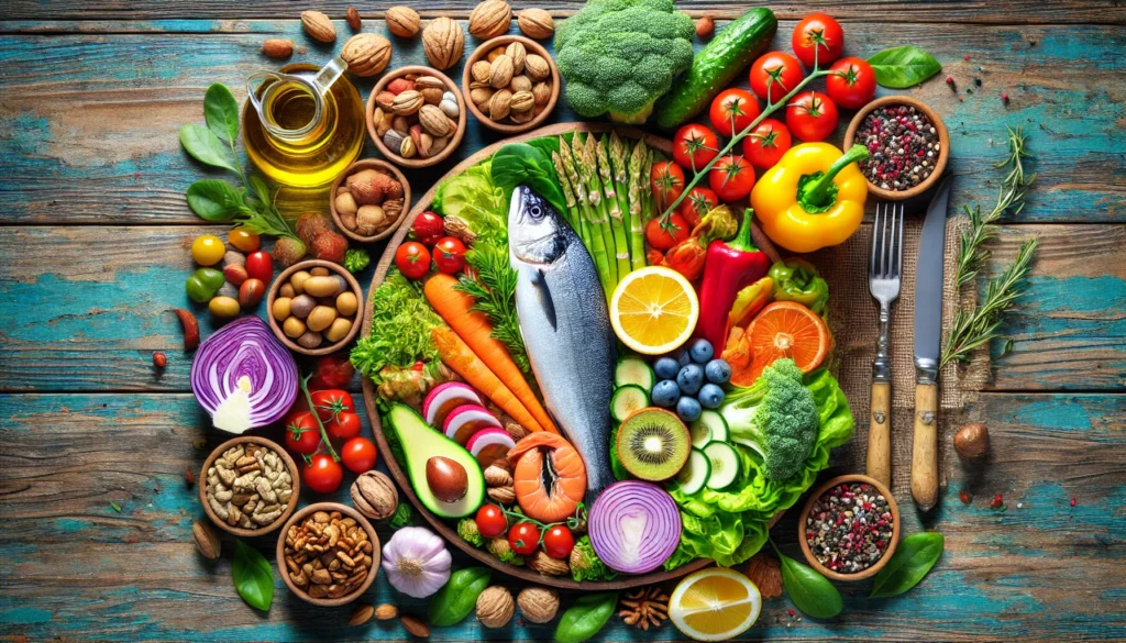 Mediterranean Diet for Brain Health - A vibrant image showcasing a Mediterranean-style meal, emphasizing the role of a nutritious diet in preventing dementia.