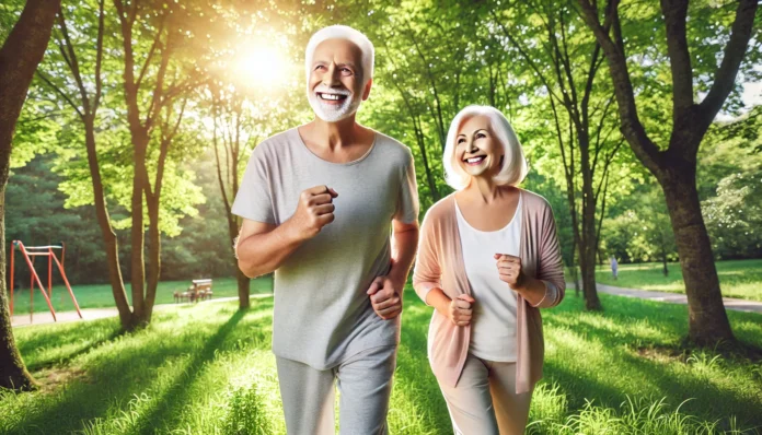 Senior Couple Exercising Outdoors - A high-quality image of a senior couple engaging in physical exercise, symbolizing the importance of staying active for brain health.