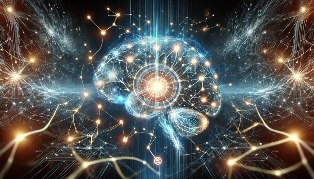 A futuristic and visually stunning depiction of a neural network with glowing synapses, symbolizing enhanced memory and recall. The intricate web of interconnected neurons illuminated with electric currents represents cognitive function and brain optimization.