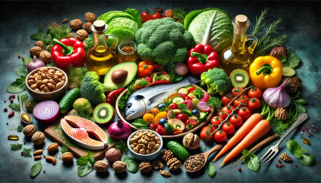 A vibrant, high-resolution image of a colorful Mediterranean diet spread, featuring fresh vegetables, nuts, fish, and olive oil, symbolizing brain health and cognitive enhancement. The balanced composition of nutritious foods reinforces the connection between diet and peak mental performance.