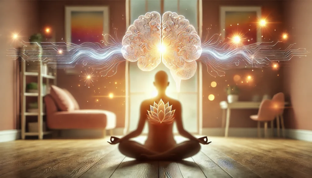 A visually engaging image of a person practicing mindfulness meditation with a glowing brain overlay, symbolizing memory improvement and increased recall. The serene setting and warm hues highlight focus, mental clarity, and cognitive enhancement through mindfulness.