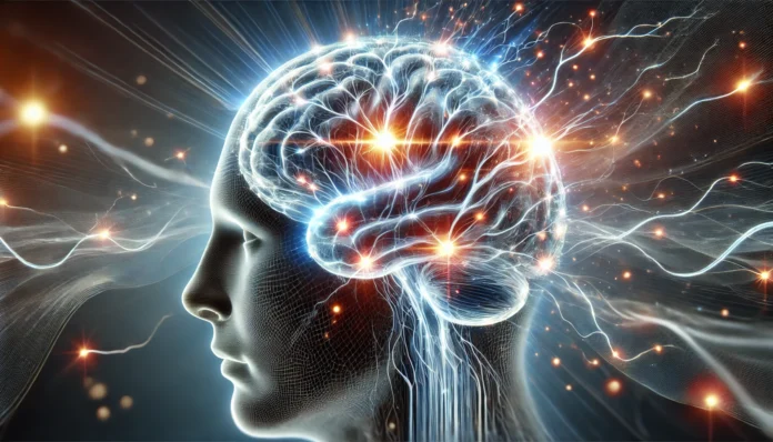 A high-quality, visually captivating image of a human brain with glowing neural connections, symbolizing enhanced memory and cognitive function. The dynamic interplay of electric impulses and synaptic activity creates a futuristic representation of peak mental performance.