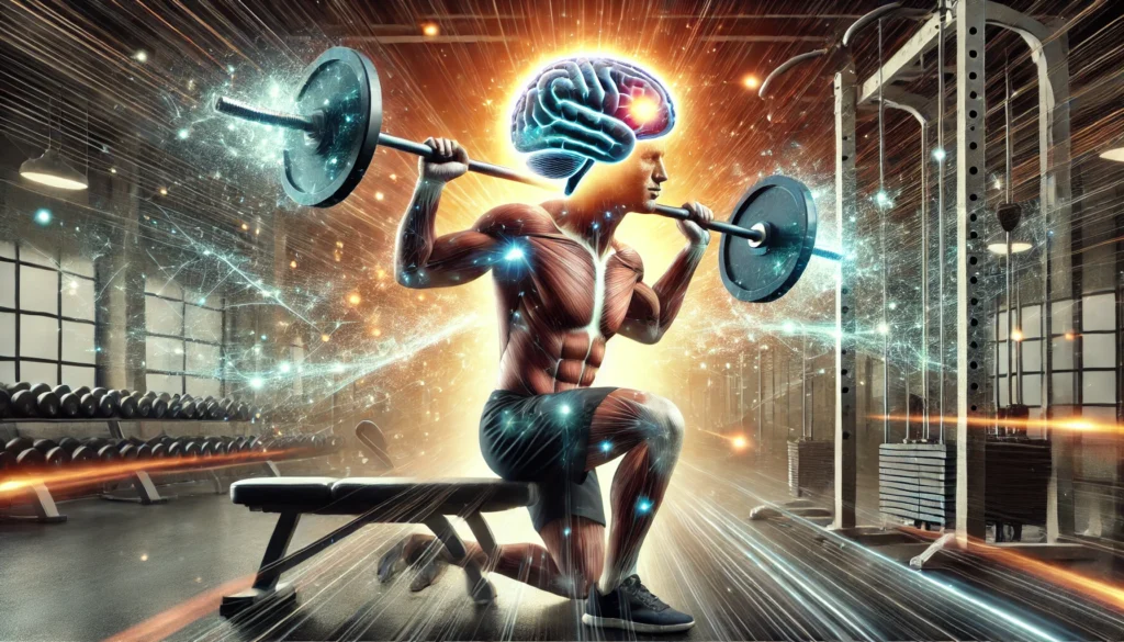 A dynamic gym scene featuring a person lifting weights, their brain subtly glowing with a web of neural activity, symbolizing enhanced cognitive function and mental resilience through strength training. The background has an energetic atmosphere with motion effects.