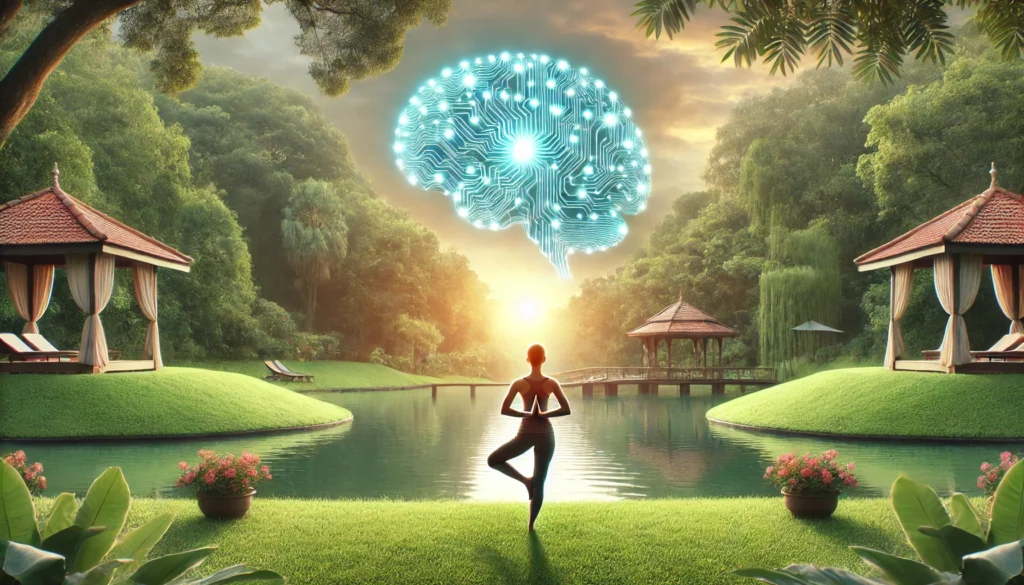 A serene outdoor scene of a person practicing yoga in a lush green environment, with a glowing neural network subtly integrated into the sky, symbolizing the mind-body connection and cognitive benefits of physical activity. Soft sunlight adds a calming effect.