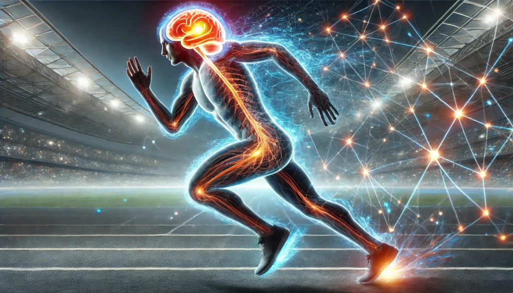 An athlete running on a futuristic track with a partially transparent body revealing an illuminated brain and nervous system, symbolizing the cognitive benefits of exercise. The environment is dynamic, with energy trails representing mental clarity and focus.