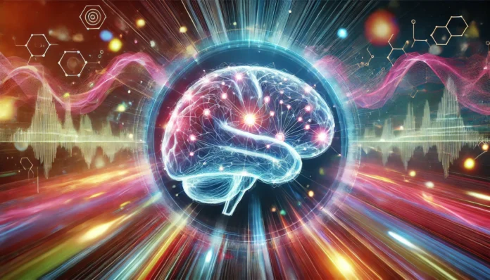A futuristic digital representation of a human brain glowing with neural connections, surrounded by vibrant energy waves, symbolizing enhanced cognitive function through exercise. The background features abstract motion blur, suggesting movement and activity.