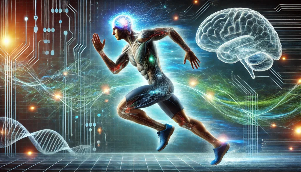 A dynamic scene of an athlete sprinting forward with glowing neural pathways extending from their brain, symbolizing the link between physical activity and enhanced cognitive function. The background features a blend of high-tech circuitry and organic energy waves representing neural stimulation.