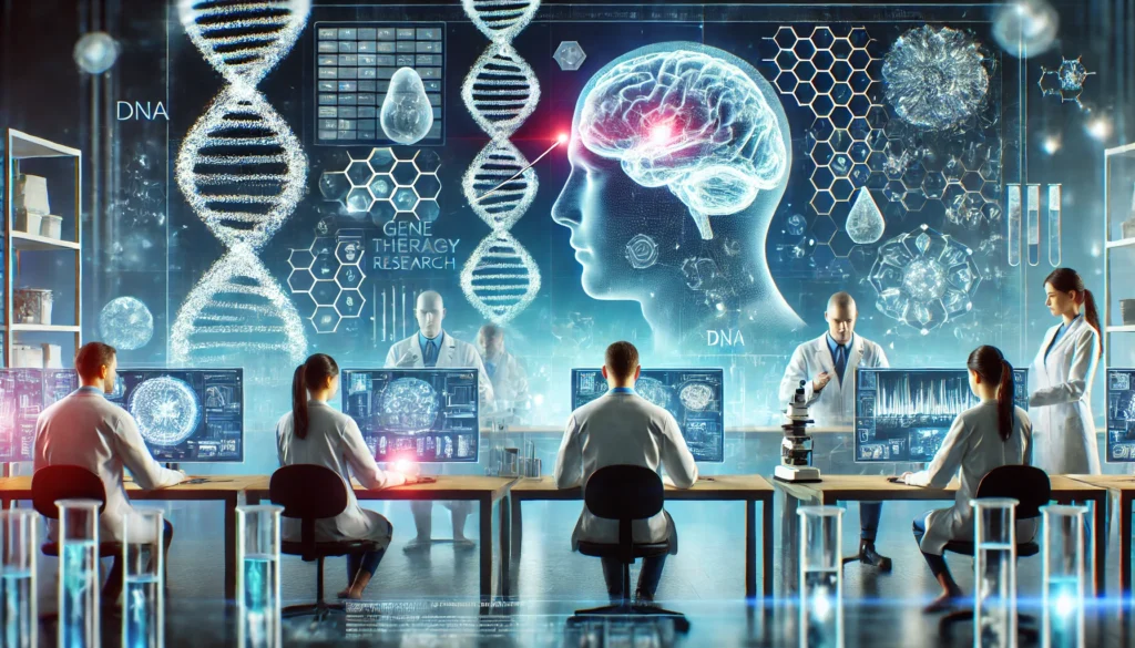 A futuristic laboratory with scientists working on gene therapy research, featuring holographic displays of DNA sequences and a human brain, symbolizing the role of genetic advancements in cognitive enhancement. The scene is illuminated with a soft blue glow, evoking a sense of innovation.