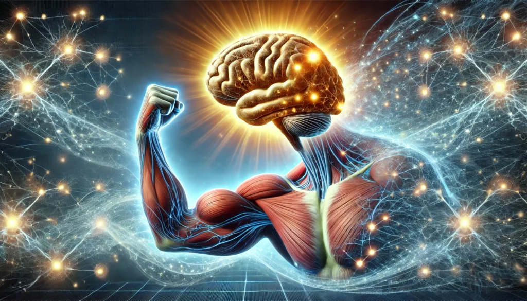 A highly detailed illustration of a human brain glowing with neural connections, seamlessly merging with a muscular arm flexing, symbolizing the connection between strength training and cognitive enhancement. The background features an abstract, dynamic energy field representing neural activation.