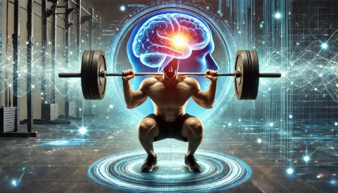 A futuristic gym scene featuring a person lifting heavy weights, with a glowing neural network overlay on their brain, symbolizing the cognitive benefits of strength training. The background has a high-tech, digital aesthetic with energy waves representing enhanced mental performance.