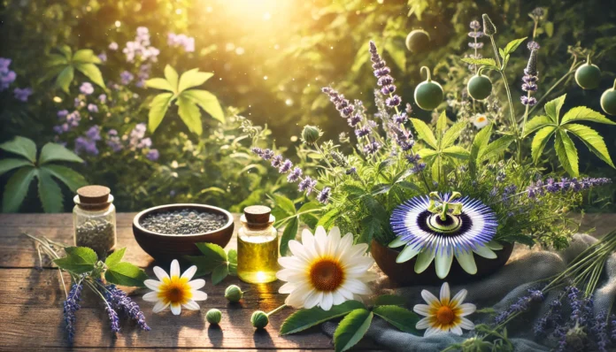 A peaceful herbal garden scene featuring lavender, chamomile, and passionflower basking in soft sunlight, creating a serene and calming atmosphere.