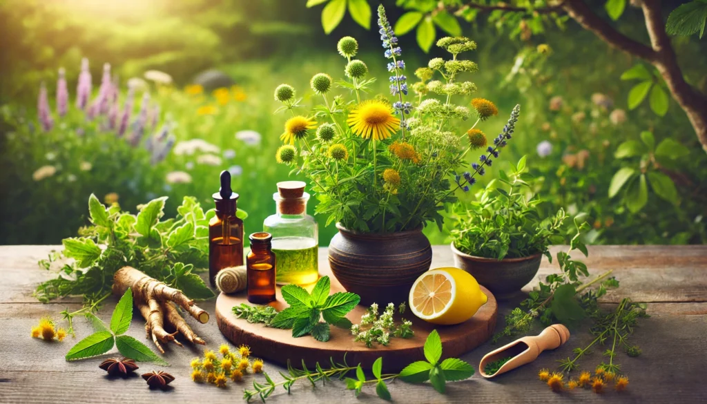 A tranquil meadow with fresh St. John’s Wort, valerian root, and lemon balm, bathed in warm natural light, symbolizing relaxation and healing.