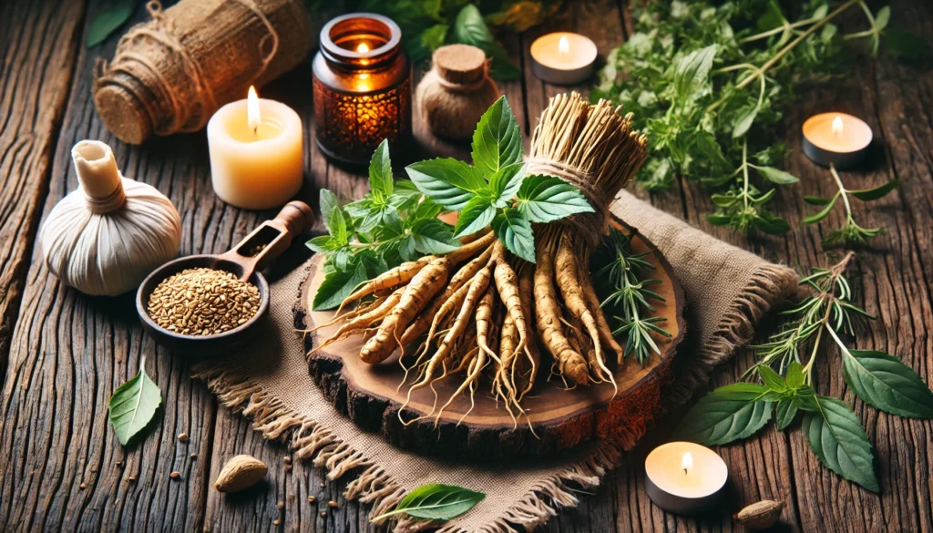 A rustic wooden table with freshly harvested ashwagandha roots, holy basil (tulsi), and rosemary, surrounded by gentle candlelight, evoking natural anxiety relief.