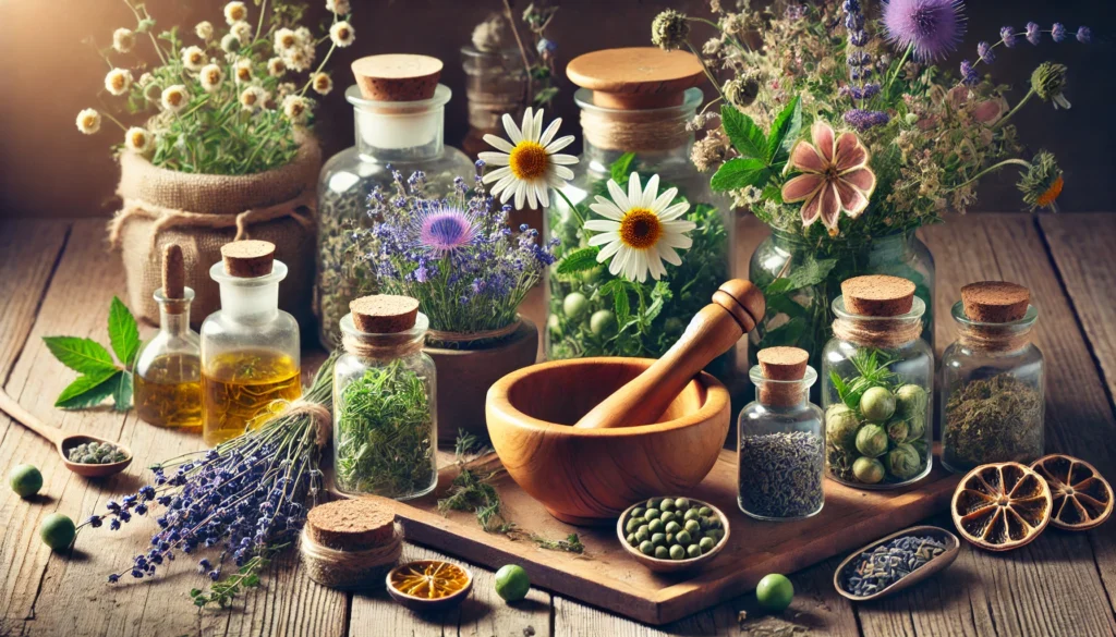 A picturesque herbal apothecary setup with dried and fresh chamomile, lavender, and passionflower in glass jars and wooden bowls, along with a mortar and pestle, symbolizing natural healing.