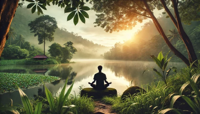 A serene lakeside scene at sunrise with a person practicing mindfulness meditation. The misty water and lush green surroundings create a calming atmosphere.