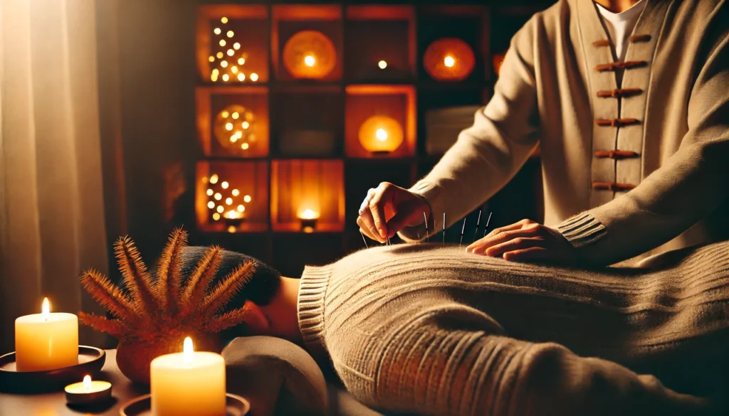 A cozy acupuncture therapy session where a practitioner places fine needles on a person's back in a warmly lit, relaxing environment.
