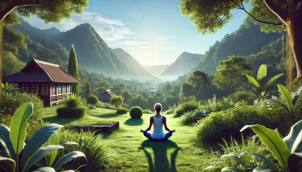 A person practicing yoga outdoors in a breathtaking mountain landscape, surrounded by greenery and a clear blue sky, symbolizing tranquility and balance.