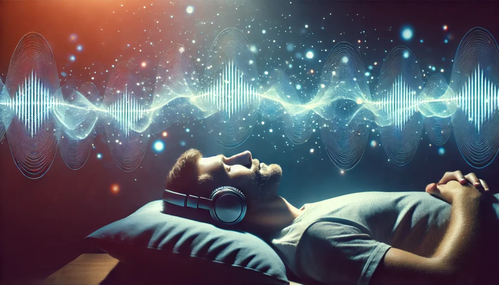 A person experiencing music therapy, lying comfortably with headphones on, enveloped in soft ambient lighting and soothing sound waves for relaxation.