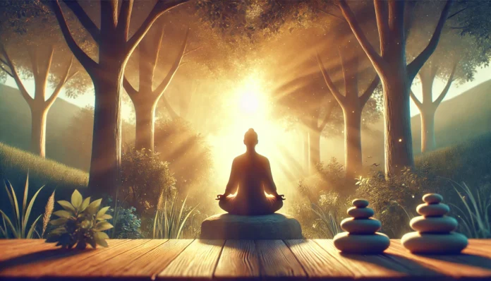 A person meditating in a tranquil natural setting with warm sunlight filtering through trees, symbolizing emotional balance and the calming effects of the right medication.