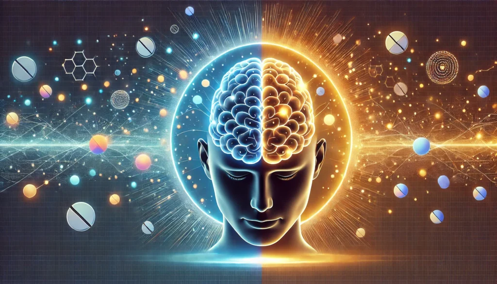 A glowing human brain with a balanced neural network, representing mental stability and the positive impact of proper medication on anger and irritability.
